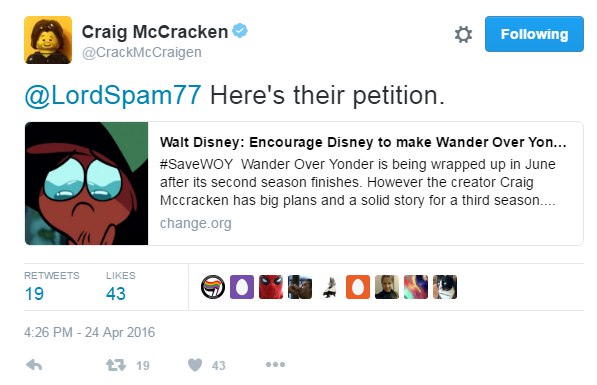К слову, сам Крэйг МакКрекен неоднократно поддерживал петицию по спасению WOY у себя в Твиттере. В данный момент Крэйг уже сел за разработку нового сериала, но петиция всё ещё способна на что-то повли...