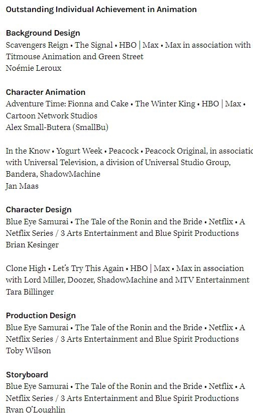 Жюри премии Emmy раздало статуэтки за индивидуальные достижения в области анимации.

- "Голубоглазый самурай" отличился сразу в трёх областях: дизайн персонажей, продакшен-дизайн и раскадровка.
- "Цар...
