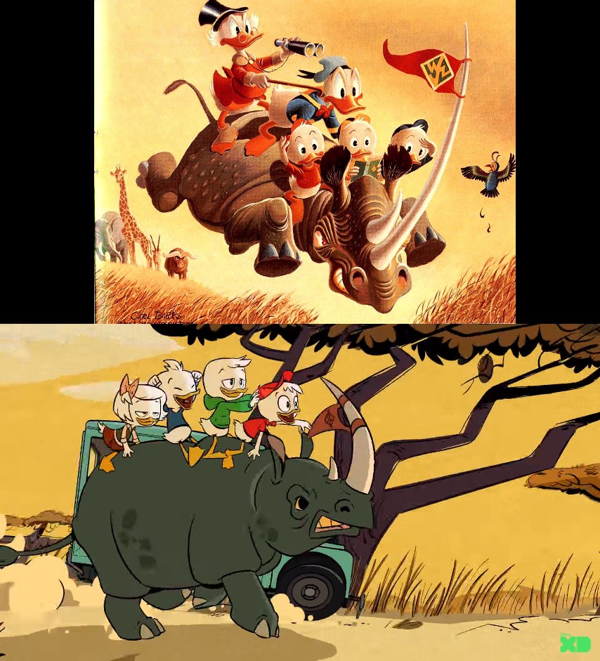 Отсылки к работам Карла Баркса в заставке перезапуска DuckTales

Карл Баркс — создатель оригинальной комикс-вселенной уток, придумал Скруджа Макдака и город Даксбург...