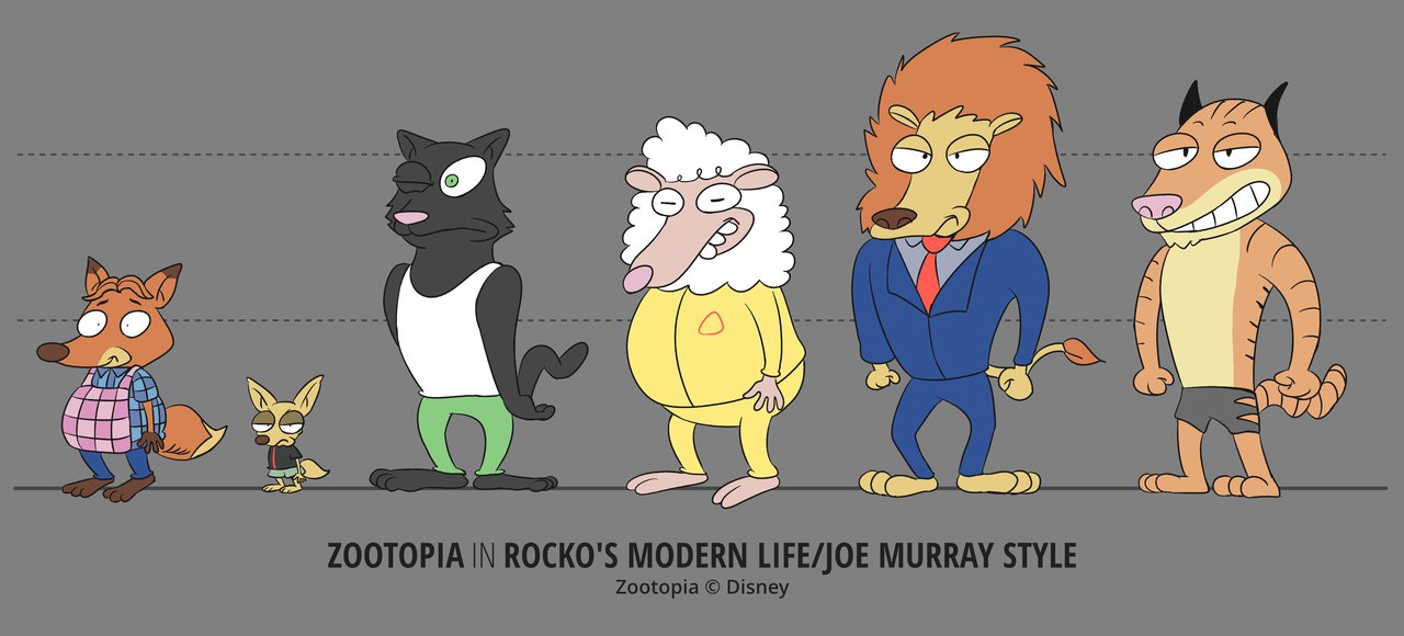Существует целый блог, посвящённый перерисовке разных современных мультфильмов в стиле "Новой жизни Рокко". Вот так, например, выглядел бы Зверополис, появись он в 90-х на Nickelodeon....